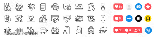 Chemistry lab, Train and Atm service line icons pack. Social media icons. Winner medal, Ecology app, Puzzle web icon. Voting ballot, Bitcoin mining, Sound wave pictogram. Vector