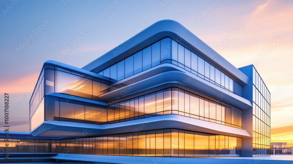 Fototapeta premium Modern office complex with a sleek, glassy exterior and prominent architectural features.