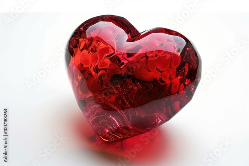 A close-up of a red glass heart-shaped object on a white surface, perfect for use in designs related to love and relationships photo