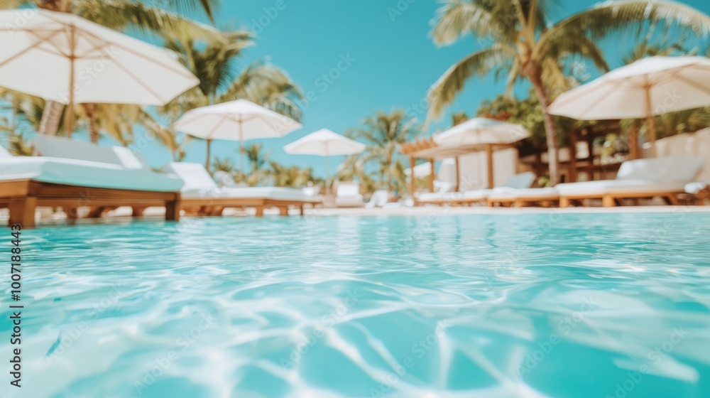 A tranquil pool with clear water, surrounded by lush, green palm trees and sun loungers, evoking a sense of relaxation and vacation vibes in a tropical setting. A tranquil pool with clear water, surrounded by lush, green palm trees and sun loungers, evoking a sense of relaxation and vacation vibes in a tropical setting.