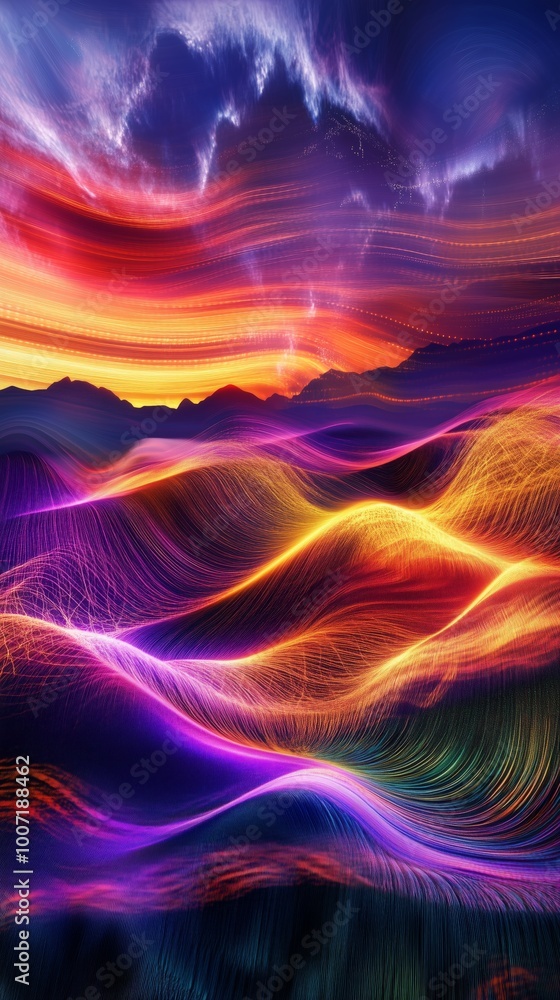 Obraz premium Abstract waves light crashing glowing desert landscape dynamic motion surreal energy vivid colors. AI generated