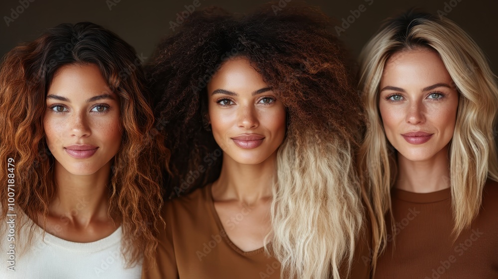 A striking portrait of three women with various hairstyles and shades of brown tops, highlighting diversity, individuality, and modern fashion in a stylish manner. A striking portrait of three women with various hairstyles and shades of brown tops, highlighting diversity, individuality, and modern fashion in a stylish manner.