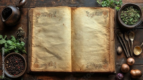 Ancient Recipe Book on Wooden Background