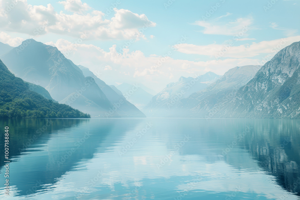 A beautiful mountain lake with a clear blue sky above it A beautiful mountain lake with a clear blue sky above it