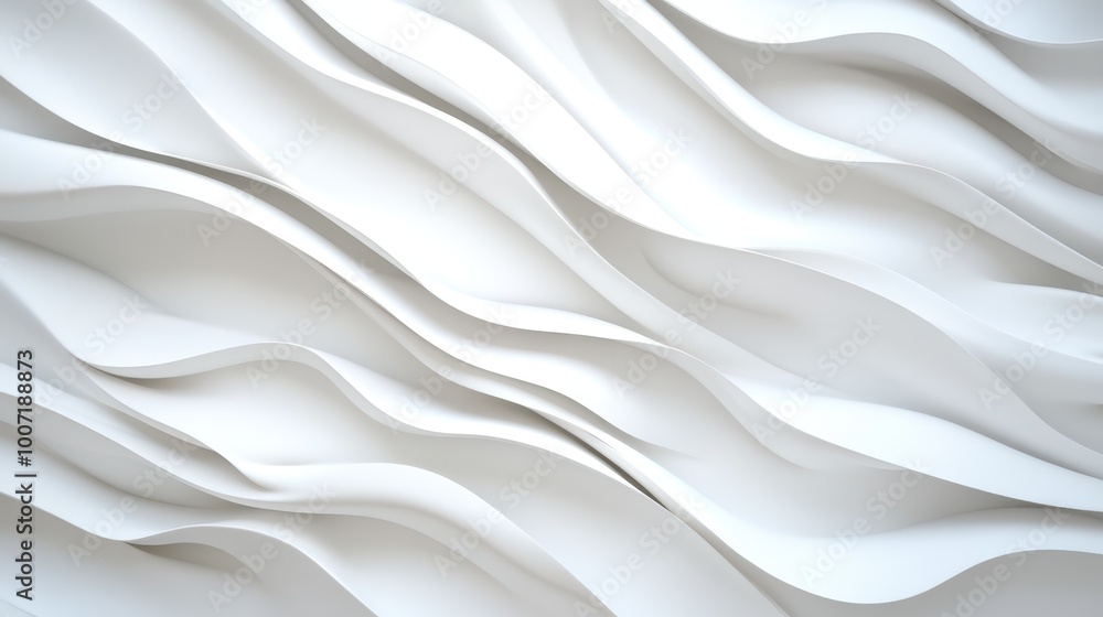 Obraz premium An elegant white wall with a flowing wave design, embodying abstract minimalism and tranquility through its smooth, fluid lines and glossy surface finish.