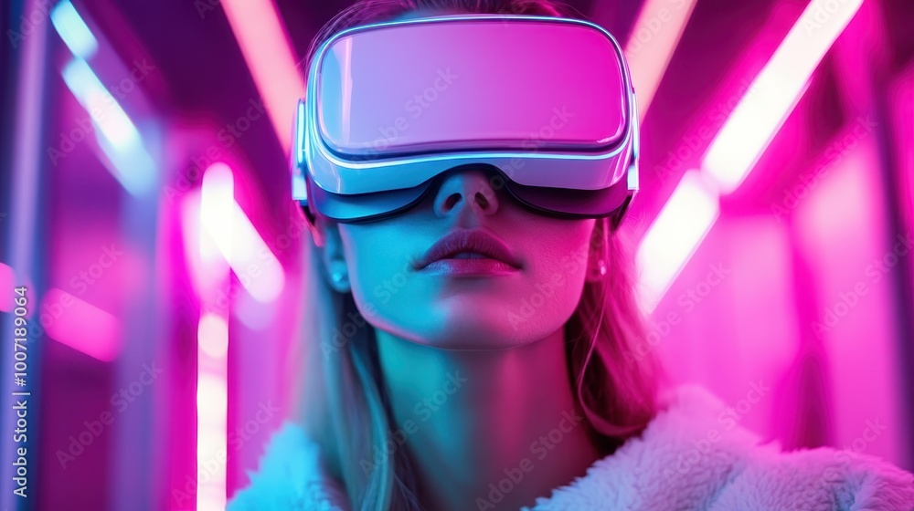 A woman in a furry coat explores virtual reality wearing a sleek headset, surrounded by vivid pink neon lights, creating a futuristic and immersive experience. A woman in a furry coat explores virtual reality wearing a sleek headset, surrounded by vivid pink neon lights, creating a futuristic and immersive experience.