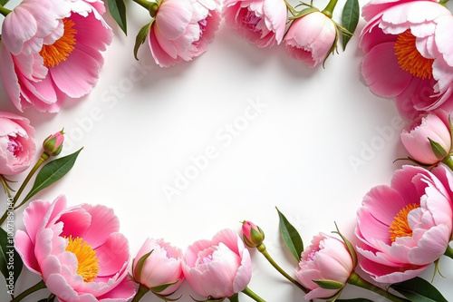 Frame of lush pink peonies on a white background with empty space for text.