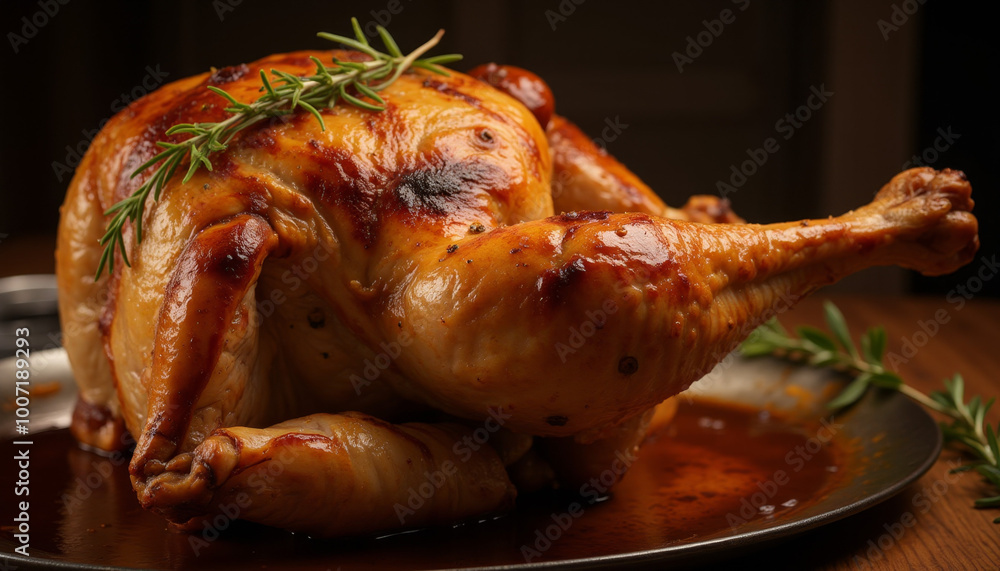 Roasted Chicken with Rosemary Garnish on Serving Platter Roasted Chicken with Rosemary Garnish on Serving Platter
