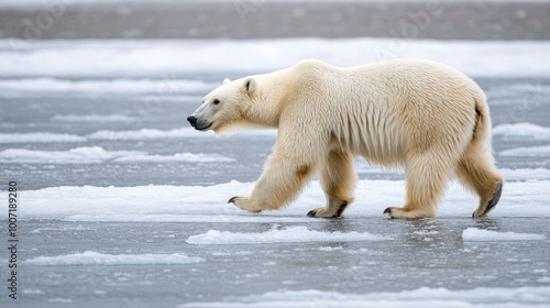 Polar bear walking across the ice in a frozen arctic landscape