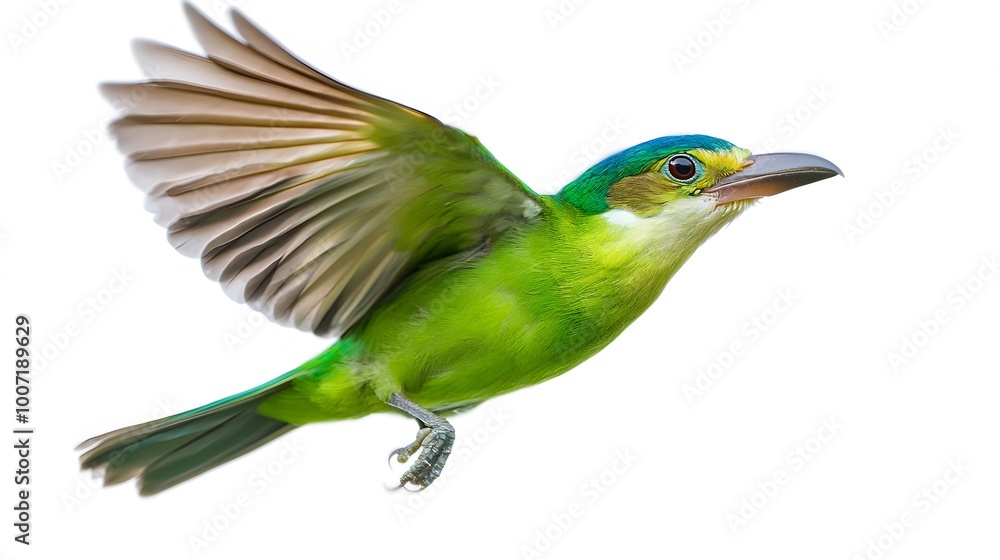 Obraz premium Green Broadbill Bird Flying on White Background, Photo Realistic, Wallpaper, Cover and Screen for Smartphone, PC, Laptop, 9:16 and 16:9 Format
