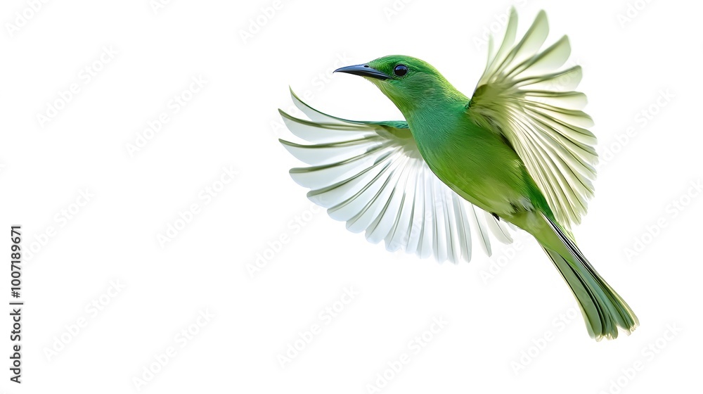 Fototapeta premium Green Broadbill Bird Flying on White Background, Photo Realistic, Wallpaper, Cover and Screen for Smartphone, PC, Laptop, 9:16 and 16:9 Format