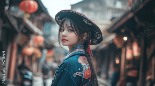 Asian person in a historical village, traditional clothing, nostalgic atmosphere