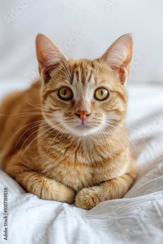 A curious orange cat sits on a bed, gazing directly at the viewer