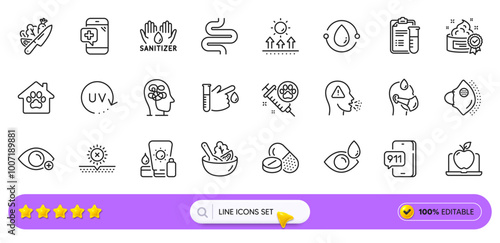 Farsightedness, Cough and Eye drops line icons for web app. Pack of Medical drugs, Medical mask, Sick man pictogram icons. Intestine, Stress, Laptop signs. Uv protection, Sun protection. Vector