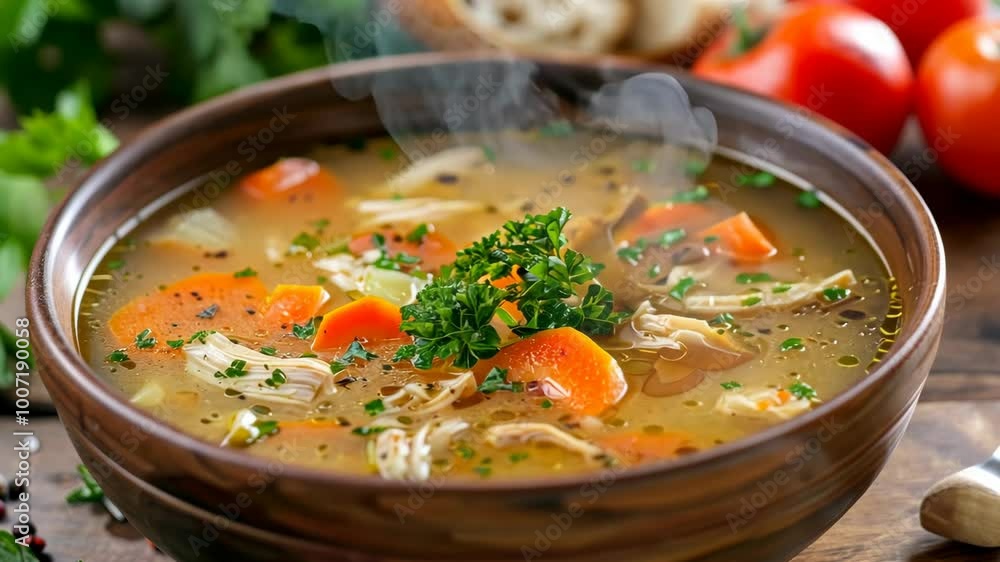 A steaming bowl of chicken noodle soup with carrots and parsley A steaming bowl of chicken noodle soup with carrots and parsley