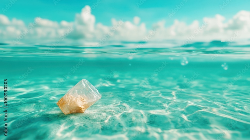 An impactful image that captures a single plastic bag drifting in clear turquoise waters, highlighting environmental issues and human impact on our oceans and seas. An impactful image that captures a single plastic bag drifting in clear turquoise waters, highlighting environmental issues and human impact on our oceans and seas.