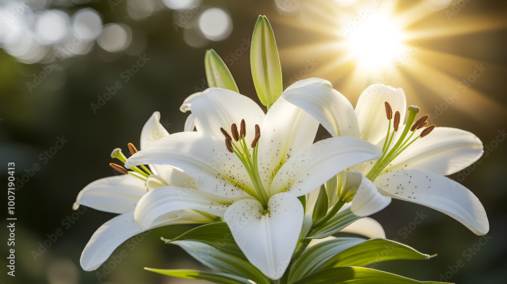Fototapeta premium Sunlight glimmers through blooming white lilies in a serene garden at sunset