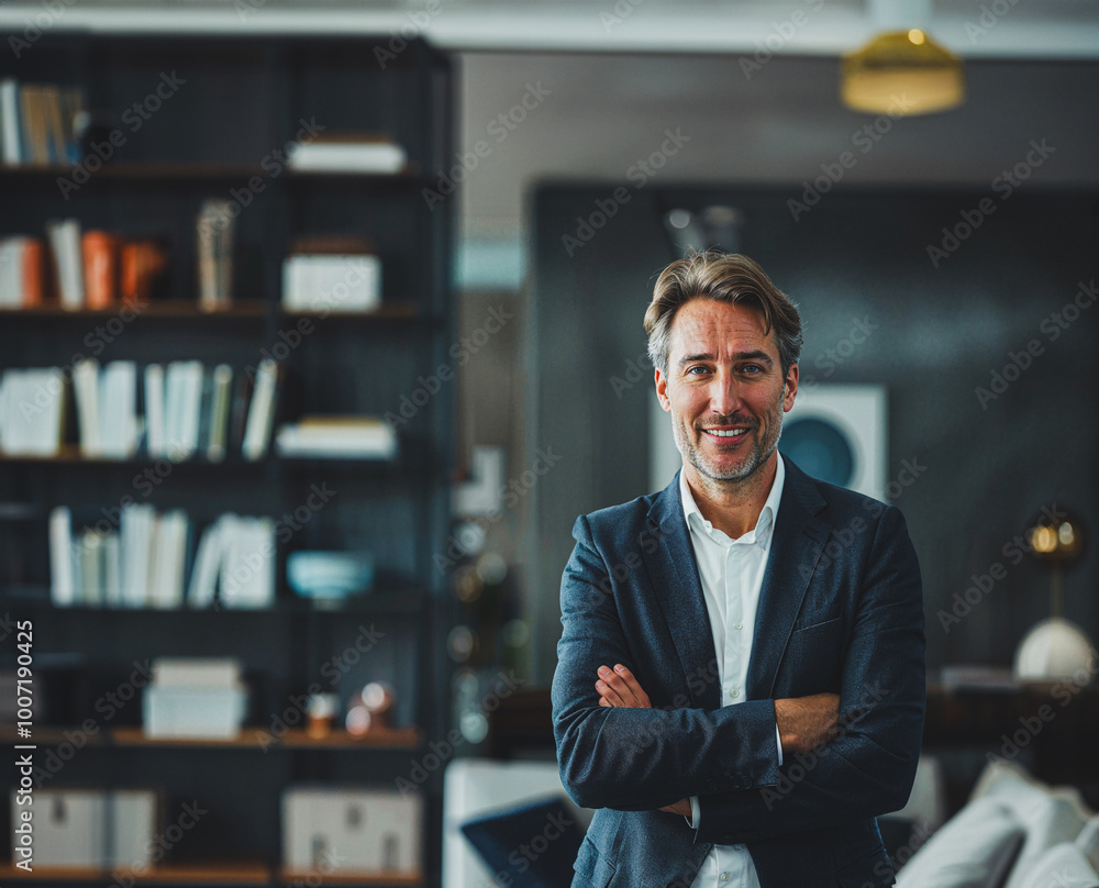 Portrait of handsome business man in his 40s smiling while standing in a modern office Portrait of handsome business man in his 40s smiling while standing in a modern office