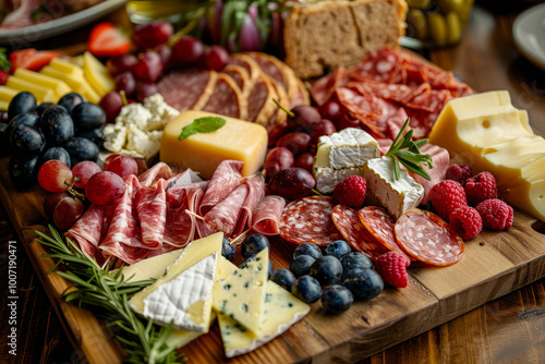 A wooden board with a variety of cheeses, meats, and fruits