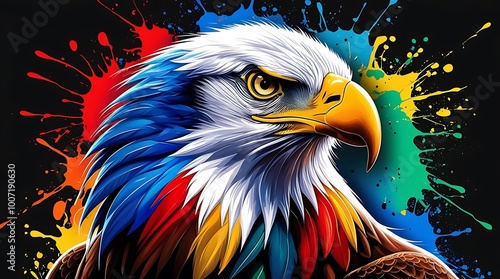 Vibrant digital illustration featuring the head of a bald eagle depicted with striking realism, showcasing its sharp, yellow beak and piercing eyes