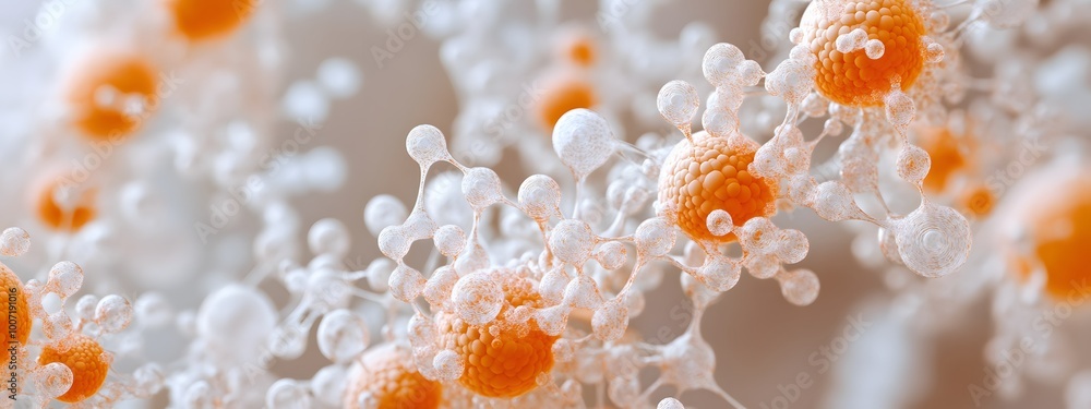 A close-up shot of the molecular structure, with white spheres and orange ones connected by gray lines A close-up shot of the molecular structure, with white spheres and orange ones connected by gray lines