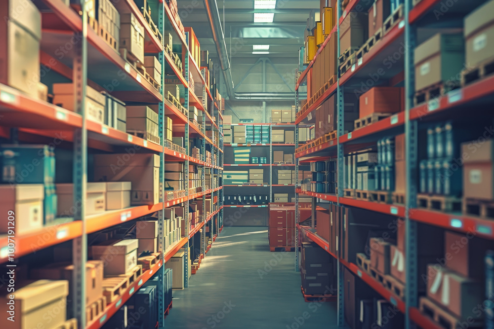 A large warehouse with many boxes on the shelves A large warehouse with many boxes on the shelves