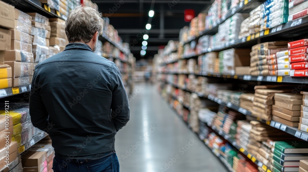 A man stands in a large bookstore aisle, pondering over the selection of books available, highlighting the experience and discovery in a modern retail environment. A man stands in a large bookstore aisle, pondering over the selection of books available, highlighting the experience and discovery in a modern retail environment.