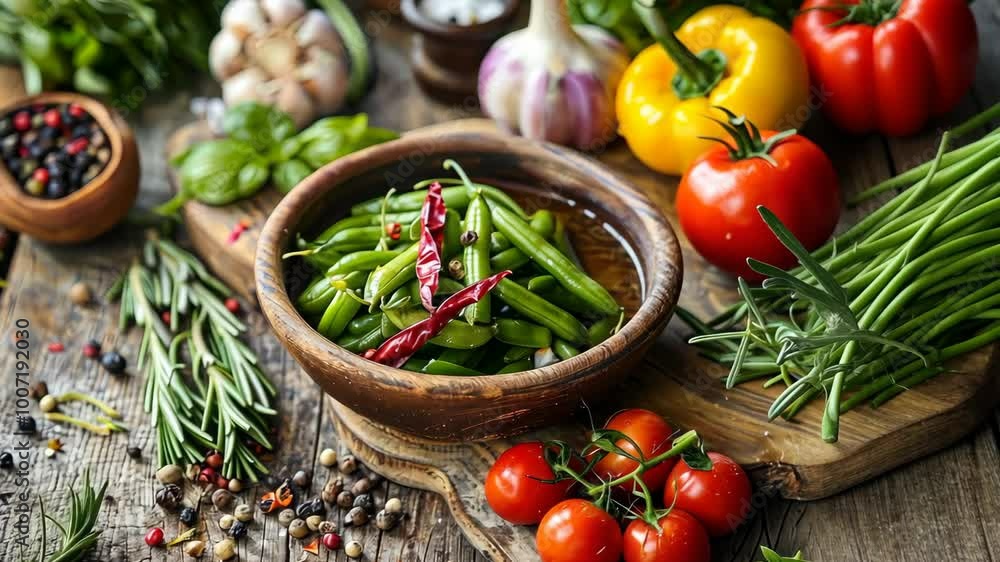A bowl of green beans and red pepper sits on a wooden table surrounded by fresh ingredients A bowl of green beans and red pepper sits on a wooden table surrounded by fresh ingredients