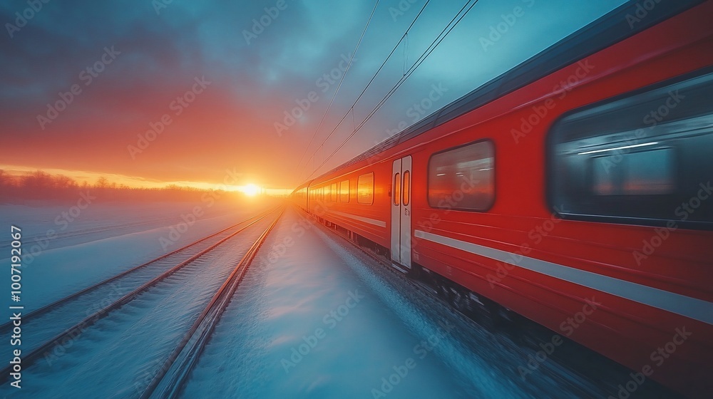 Naklejka premium Red passenger train speeding through a snowy landscape at sunset.