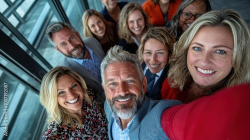 A group of cheerful colleagues takes a selfie in a modern office setting, capturing a moment of teamwork and camaraderie with natural light streaming in.