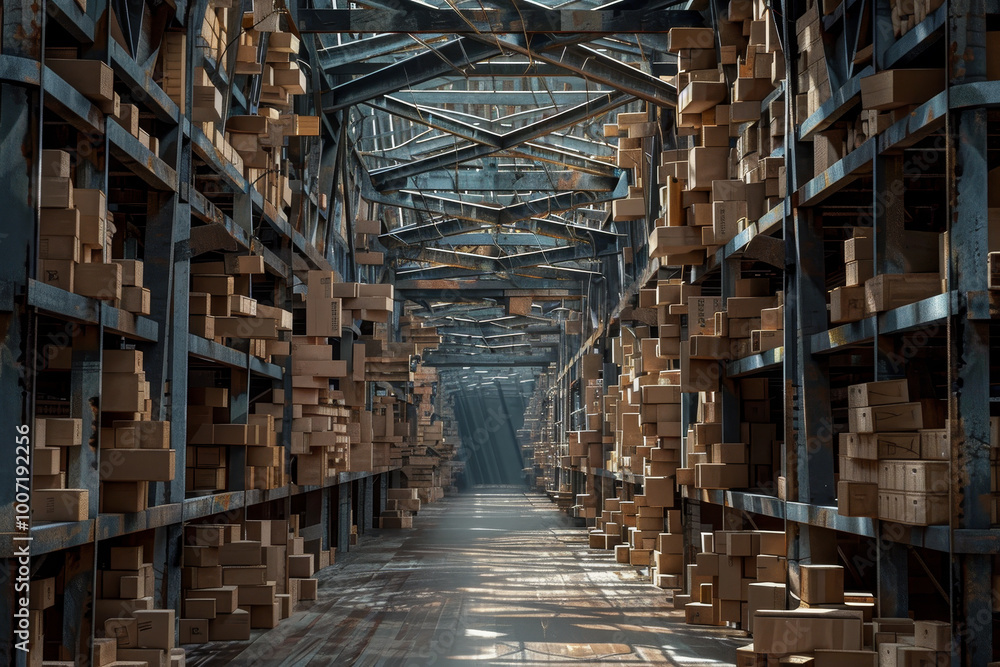 Obraz premium A warehouse with many boxes stacked on top of each other