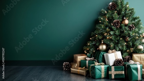 The Christmas tree is elegantly decorated with lights, pine cones, and gold ornaments, surrounded by meticulously wrapped green and gold presents. photo