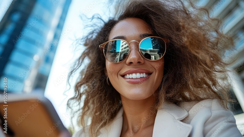 A woman with curly hair and sunglasses smiles while taking a selfie in a modern urban setting, reflecting city buildings in her glasses. A woman with curly hair and sunglasses smiles while taking a selfie in a modern urban setting, reflecting city buildings in her glasses.