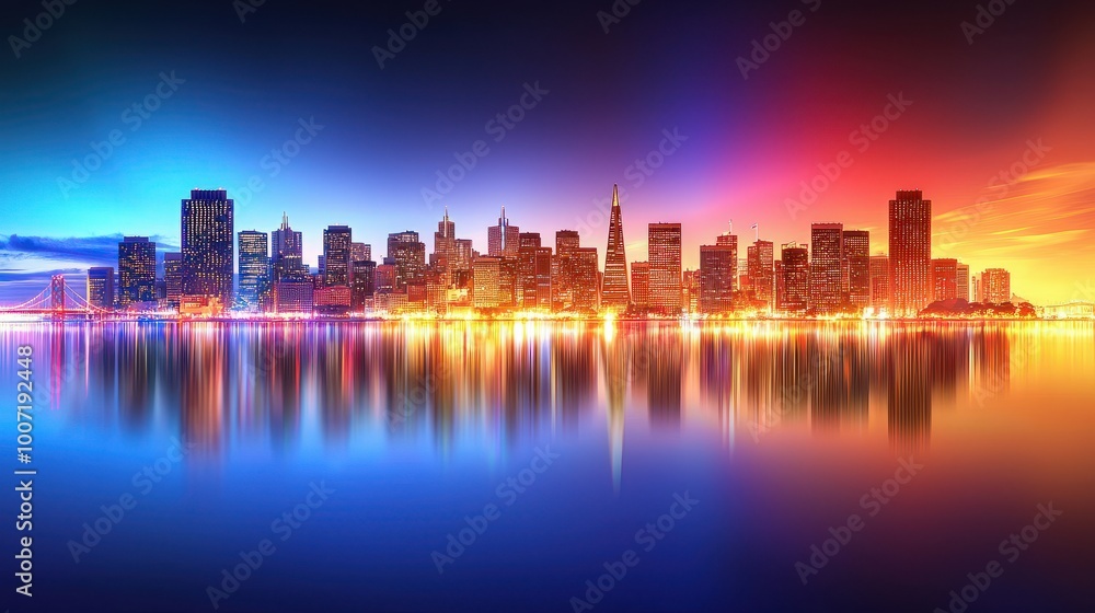 Fototapeta premium Panoramic shot of the San Francisco skyline with skyscrapers, the Golden Gate Bridge, and the calm waters of the bay reflecting the city lights.