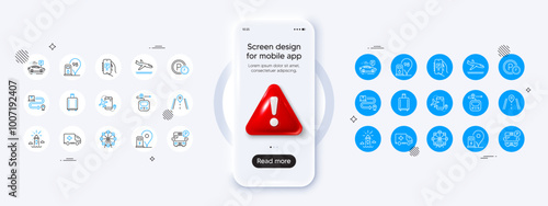 Lighthouse, Baggage reclaim and Petrol station line icons. Phone mockup with 3d danger icon. Pack of Ambulance emergency, Delivery service, Road icon. Vector