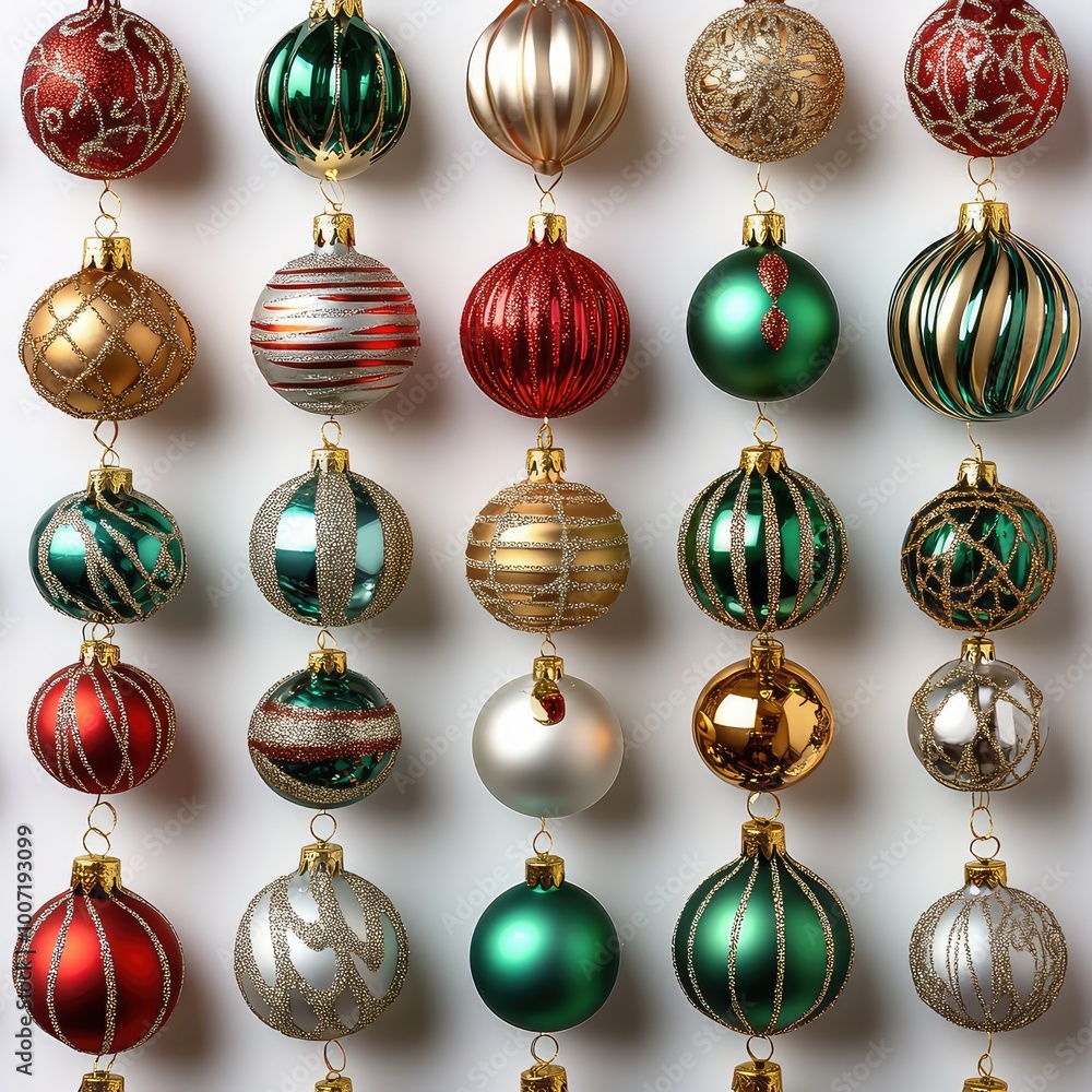 Festive Flat Lay Composition of Christmas Decorations on White Background Festive Flat Lay Composition of Christmas Decorations on White Background