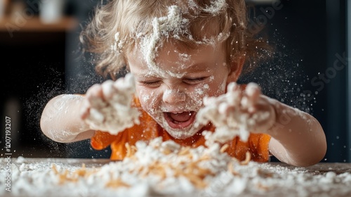 A joyful child covered in flour laughs and plays messily at home, capturing the essence of childhood fun and the carefree delight of messy playtime activities. photo