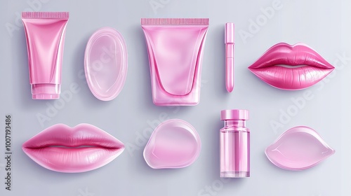 Realistic 3D Modern Set of Hydrating Collagen Lifting Products for Women, Including Gel Patches for Lips and Eyes, and Skin Care Beauty Products for Face, Lips, and Eyes