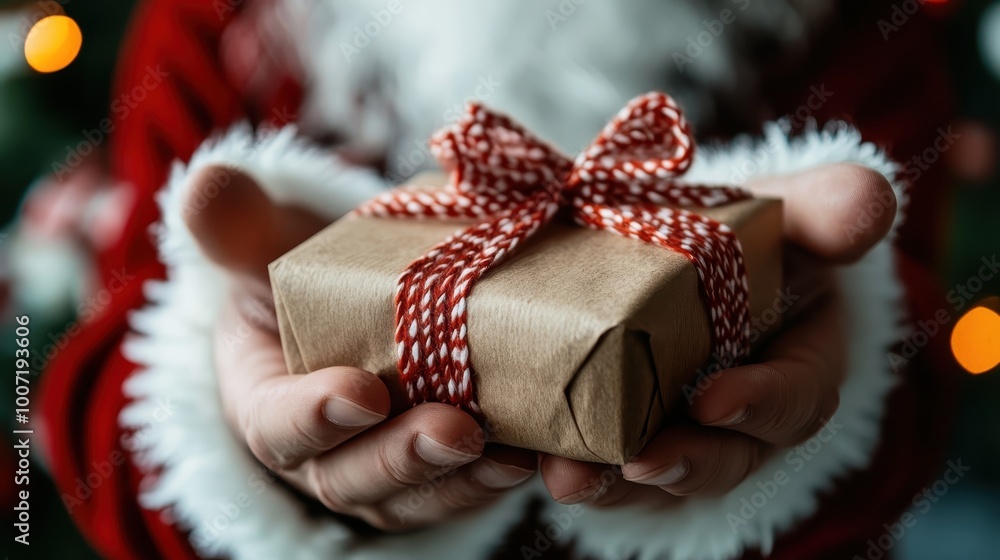 A pair of hands presenting a beautifully wrapped gift box with a decorative ribbon, set against a soft, festive background, symbolizing generosity and joy. A pair of hands presenting a beautifully wrapped gift box with a decorative ribbon, set against a soft, festive background, symbolizing generosity and joy.
