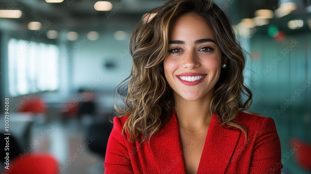 A confident and cheerful young woman with dark wavy hair, dressed in a red blazer, smiles brightly in a spacious modern office with ambient lighting and desks. A confident and cheerful young woman with dark wavy hair, dressed in a red blazer, smiles brightly in a spacious modern office with ambient lighting and desks.