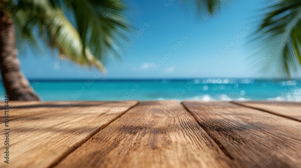 Fototapeta premium A serene image of a wooden deck under the sunlight, with the backdrop of a clear tropical ocean and palm trees, capturing holiday relaxation and nature's beauty.