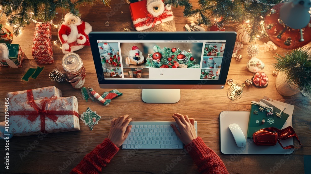 Naklejka premium Festive Christmas Holiday Online Shopping and Gift Wrapping with Seasonal Decorations