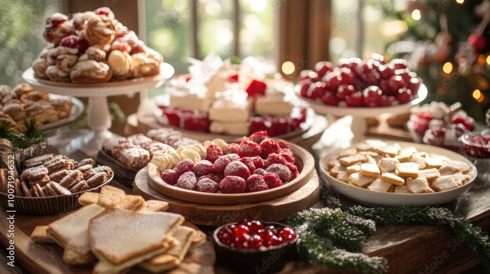 a holiday treat table with low-calorie sweeteners, festive decorations around. Concept Healthier Eating Choices, Low-Calorie Alternatives, Artificial Sweeteners, Sugar Substitutes, Diet Options a holiday treat table with low-calorie sweeteners, festive decorations around. Concept Healthier Eating Choices, Low-Calorie Alternatives, Artificial Sweeteners, Sugar Substitutes, Diet Options