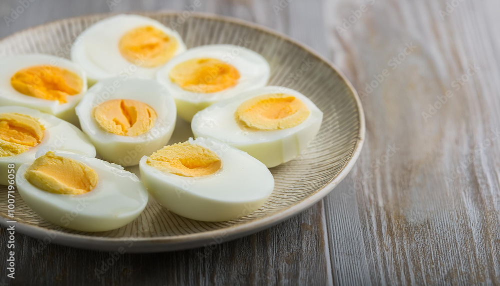 Hard boiled eggs on plate. Delicious food. Tasty meal. Cooking and culinary concept. Hard boiled eggs on plate. Delicious food. Tasty meal. Cooking and culinary concept.