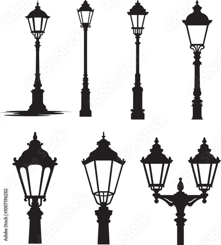 Black Silhouettes of Retro Streetlights Icons Set. Simple Flat Style White Background. Urban City Vintage Lamp Light Pole Road Decorative Element Illustration