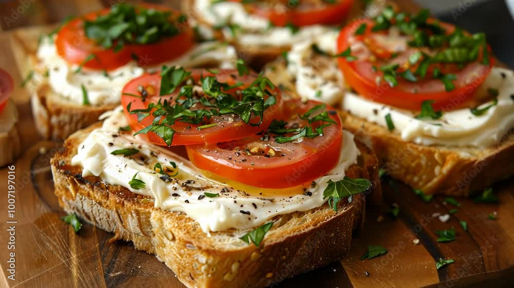 A close-up of tomato and cream cheese toast on a wooden board A close-up of tomato and cream cheese toast on a wooden board