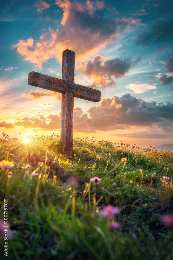 A wooden cross surrounded by vibrant flowers in a natural setting A wooden cross surrounded by vibrant flowers in a natural setting