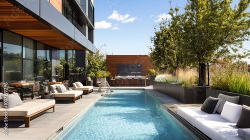 A swimming pool with lounge chairs and a bar area on a rooftop patio with green trees and blue skies.