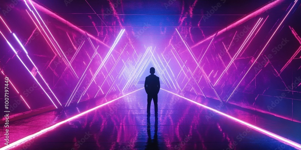 a man standing in front of a neon tunnel a man standing in front of a neon tunnel