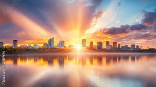 Quaint small city skyline with a river running through it, set against a beautiful sunset with soft lighting.